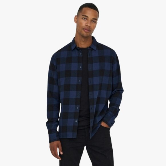 Only & Sons Men's Button Up Flannel Cotton Shirt Slim Blue Black Checkered Sz L - Picture 1 of 12
